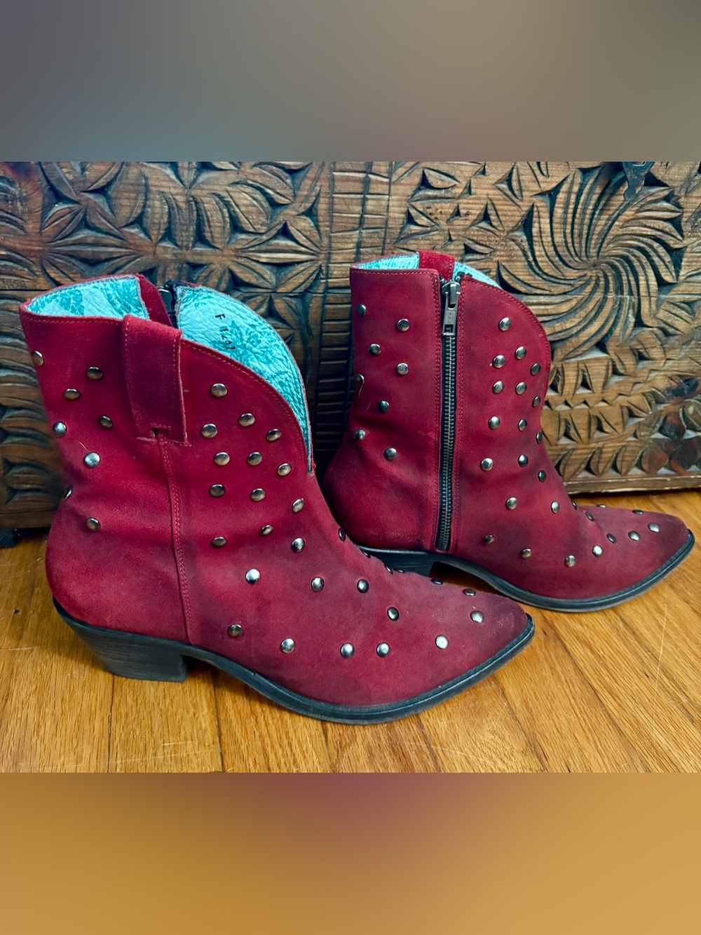 Women's Corral Red/Burgundy Suede Leather Studded Western Ankle Boots SIZE 10